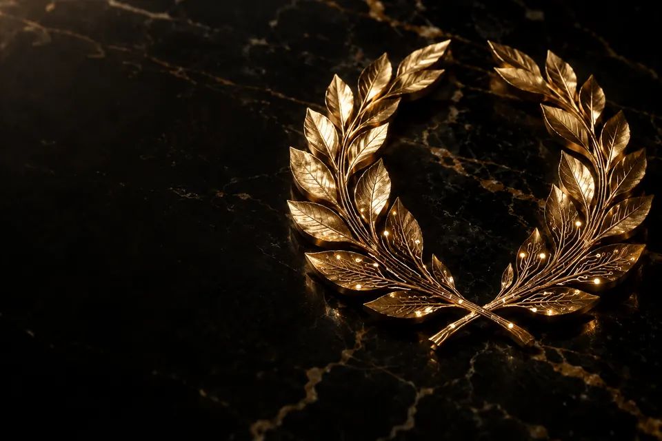 Golden laurel wreath on black marble