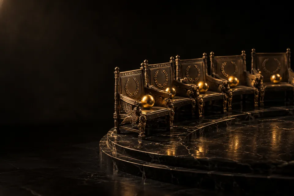 Senate of AI agents: bronze chairs with golden spheres on black marble